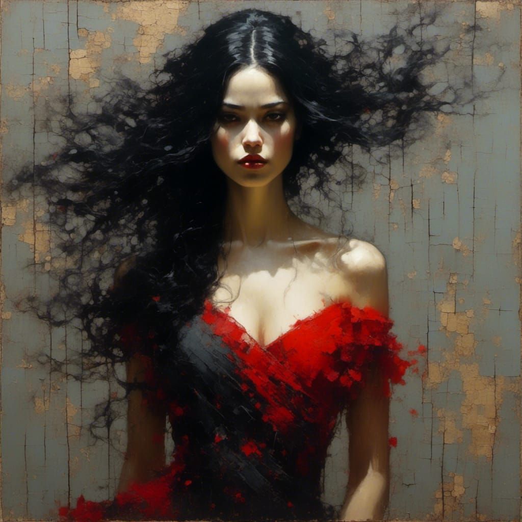 Portrait of a beautiful woman in black and red dress, long w...