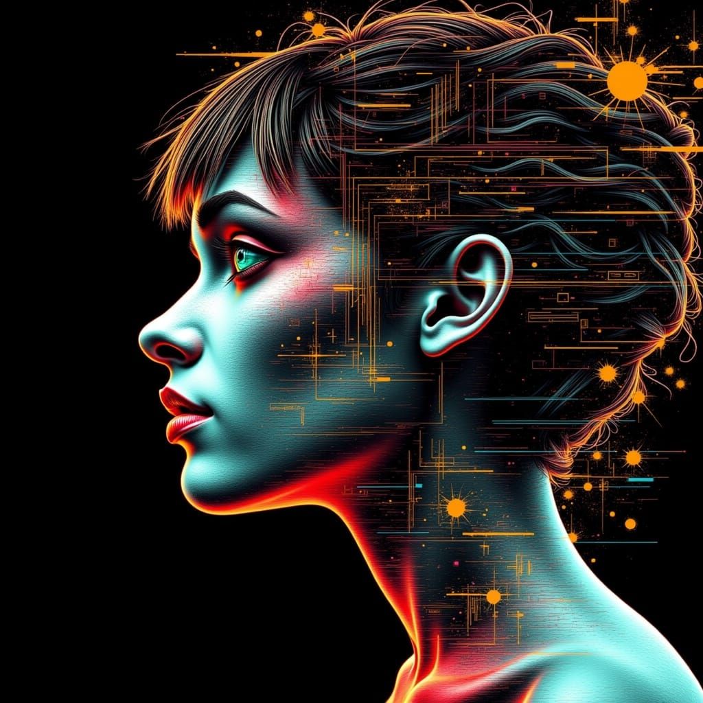 Sorrowful Woman with Kintsugi in Glitch Art Style