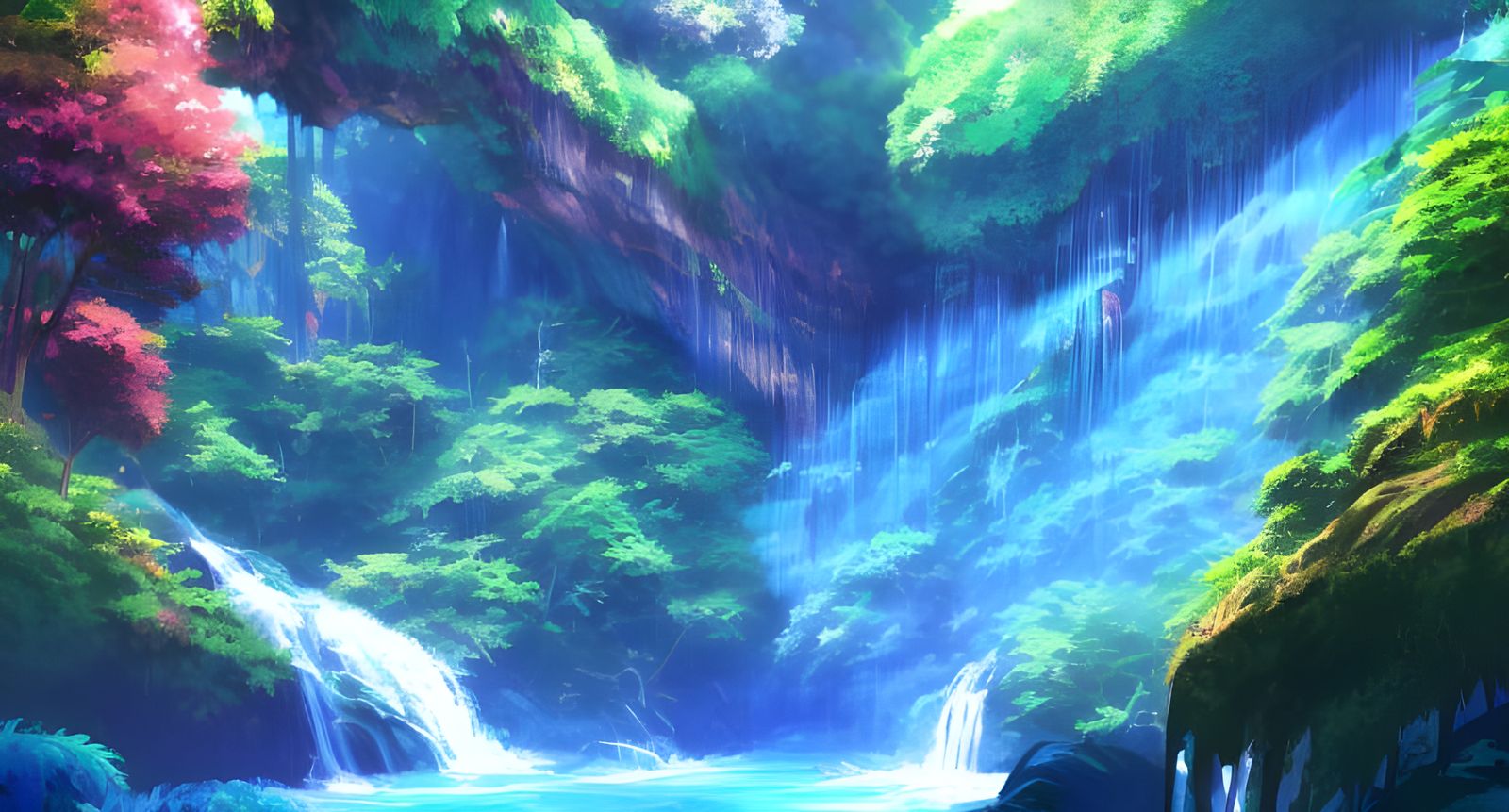 Lush Jungle Waterfalls in Anime Style