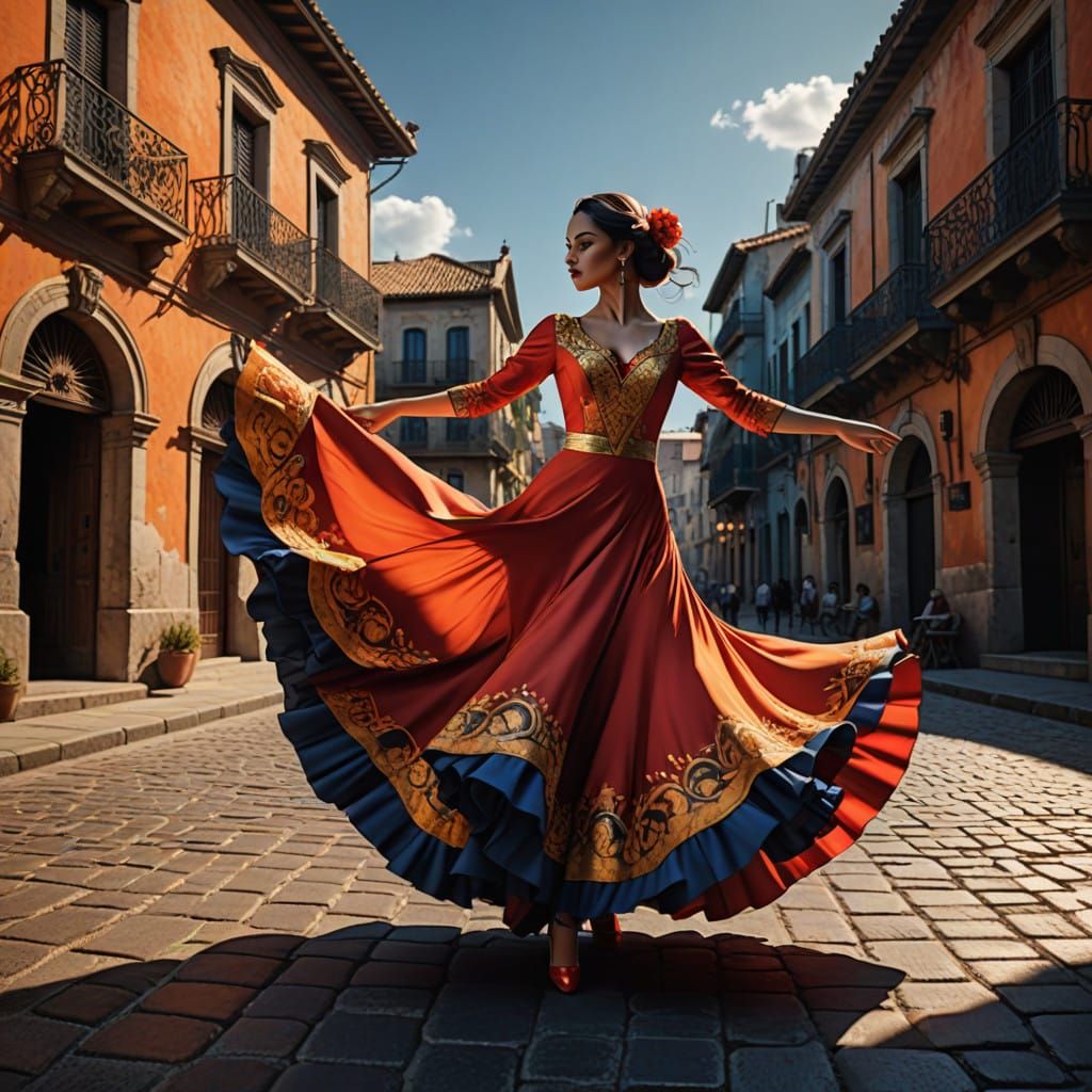 Flamenco Dancer in Vibrant Village Scene