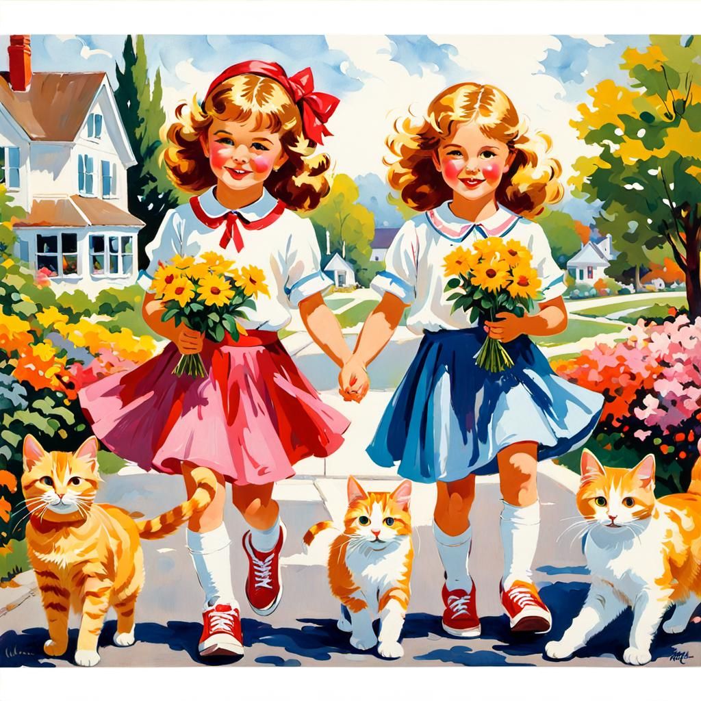 Two Girls with Cats in Colorful Suburban Scene