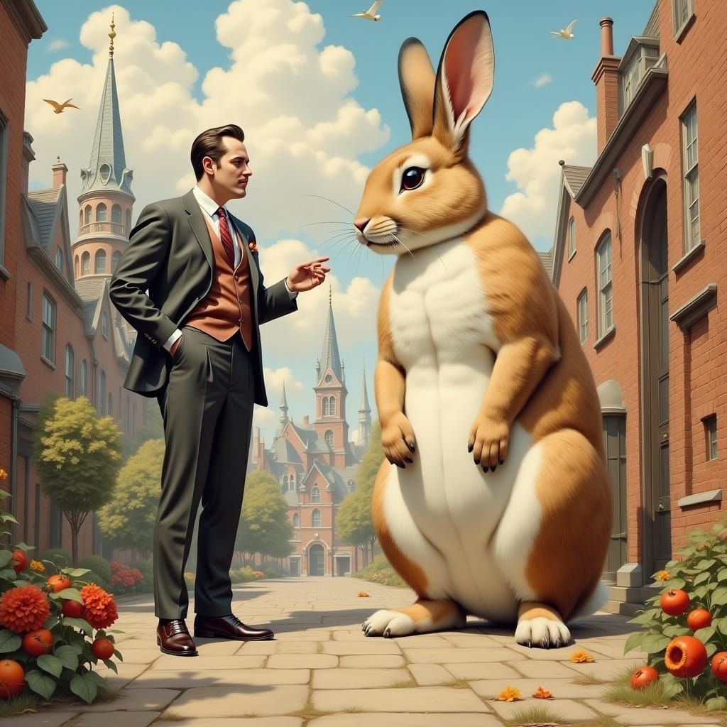 Giant Man and Rabbit Chat in Nostalgic Cityscape