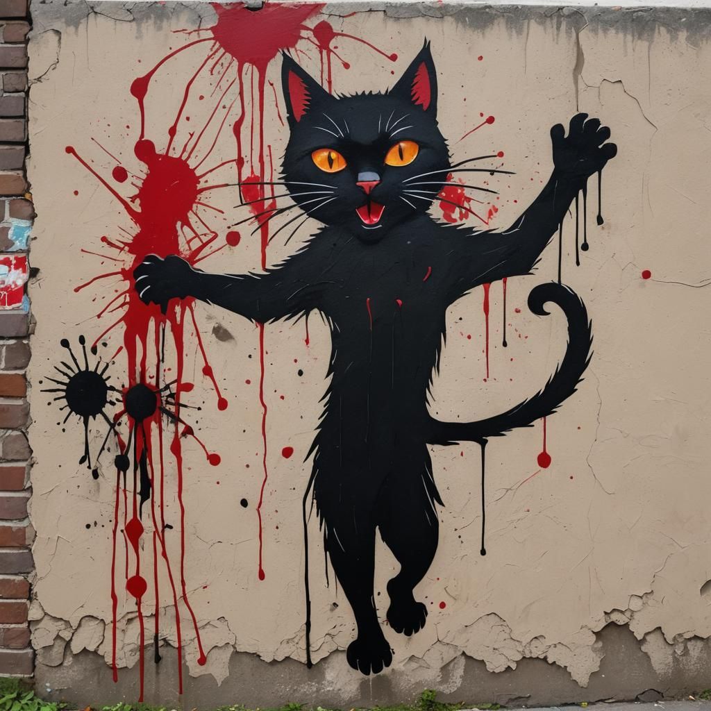 Black Cat Graffiti Art in Cyberpunk Style