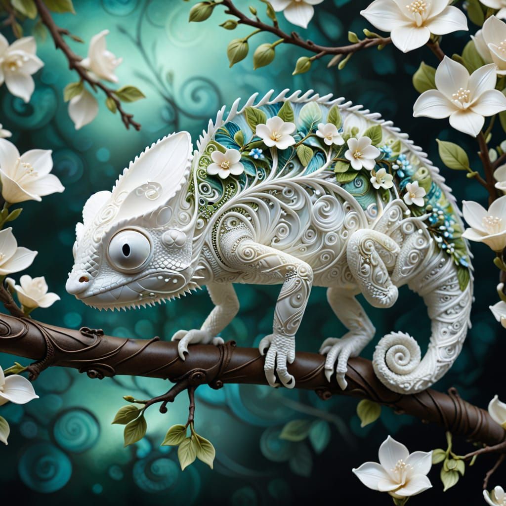 Wire Chameleon on Branch in Filigree Style