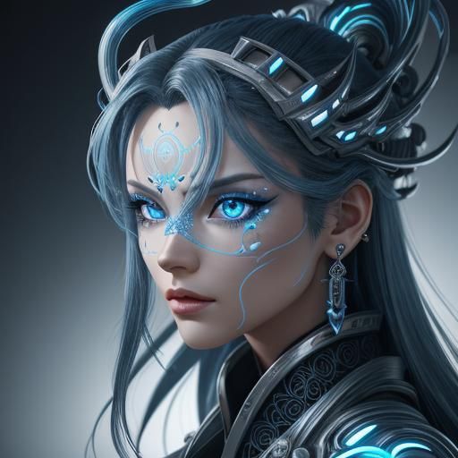 close-up ink drawing of side view portrait of a cyperpunk fe...