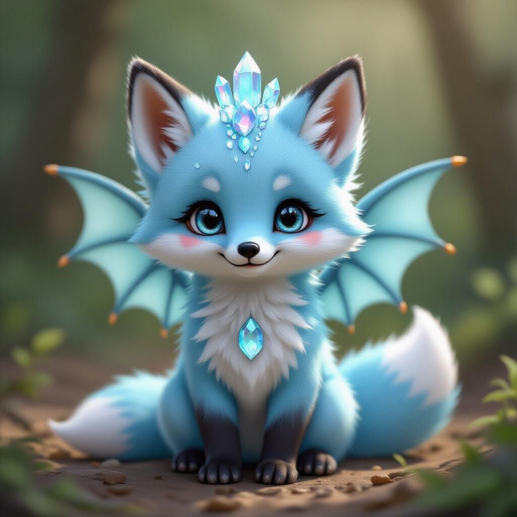 Cute Light Blue Fox with Crystal Back and Dragon Wings
