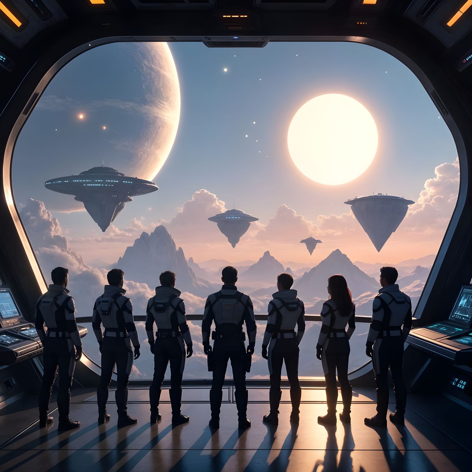 Diverse Crew on Starship Bridge Gazing at Alien Planet