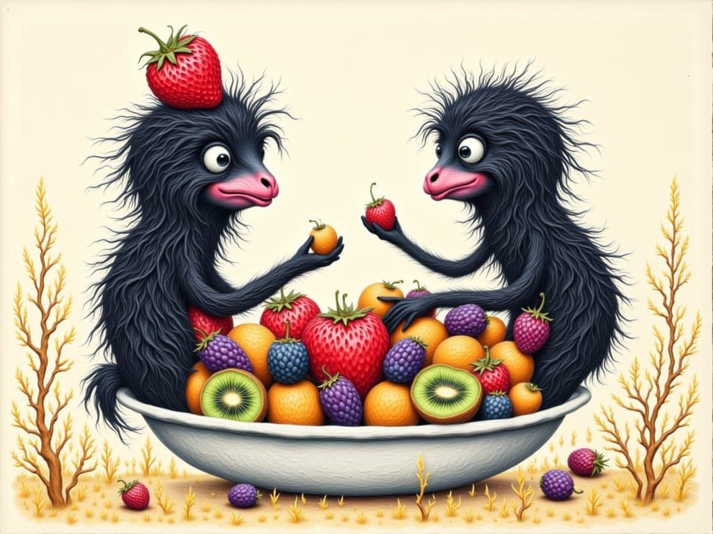 Whimsical Fruit Bowl Illustration with Fuzzy Berries