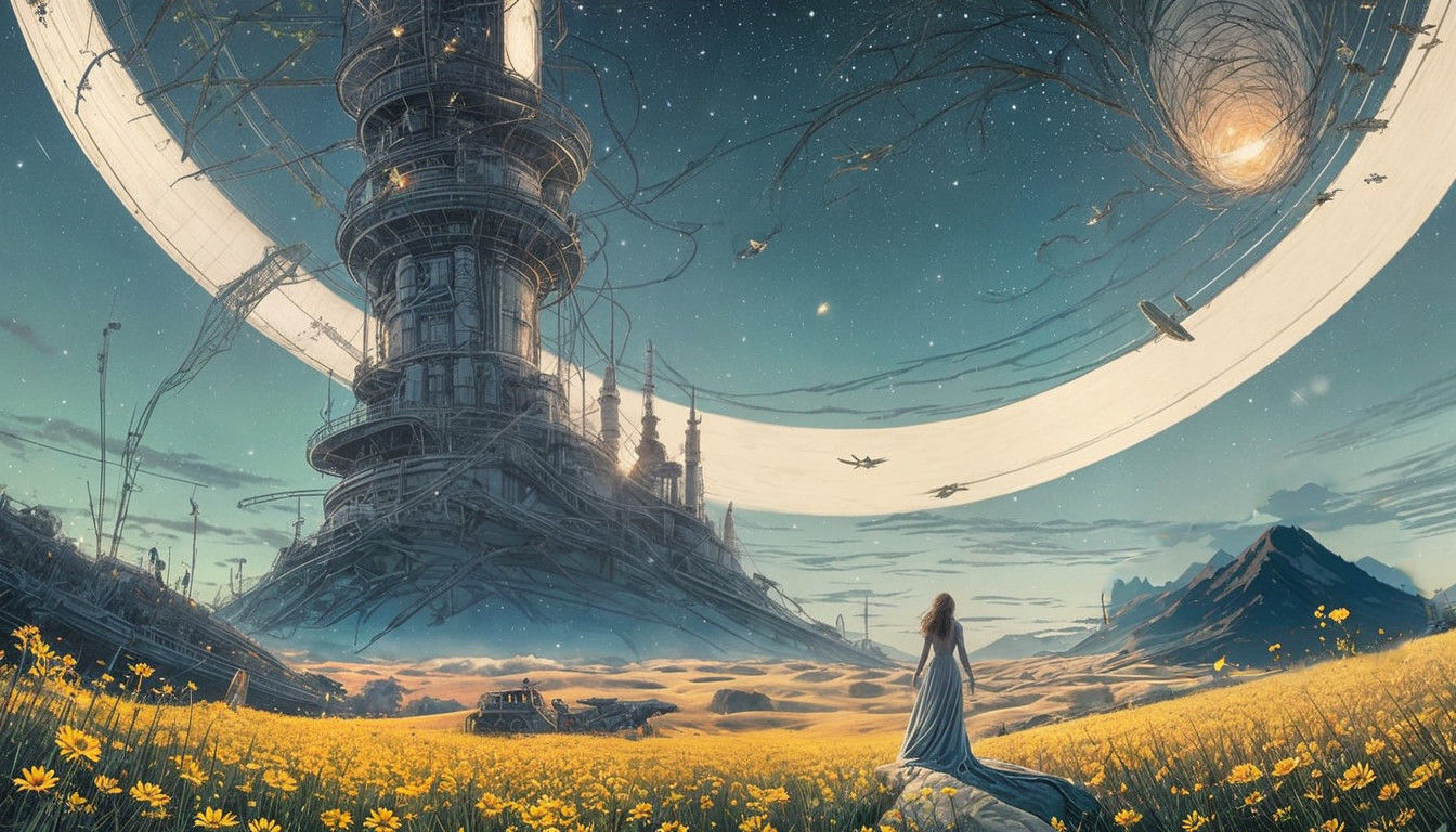 Lonely Woman in Field of Flowers Under Starry Night Sky