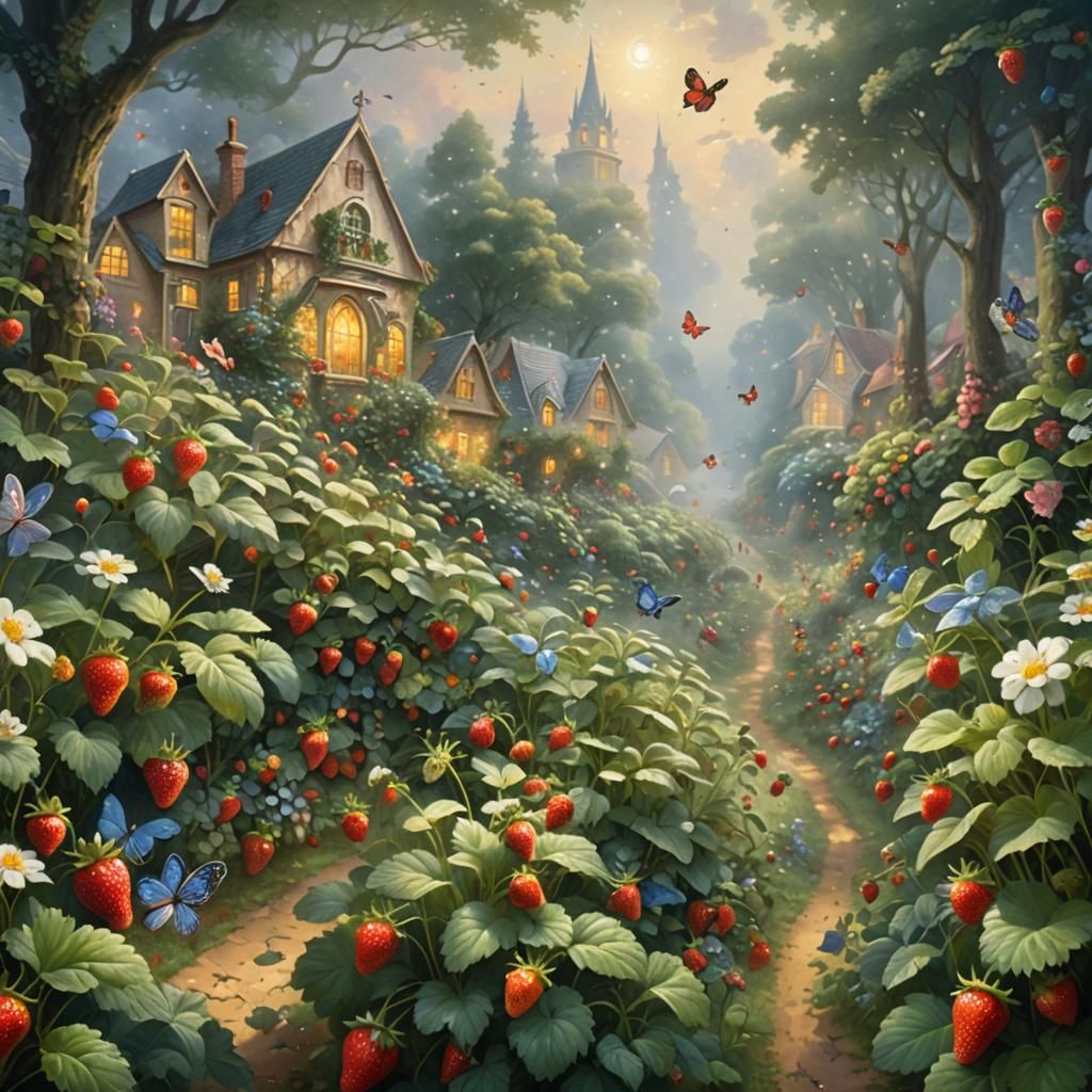 Ethereal Strawberry Garden with Rabbits and Butterflies