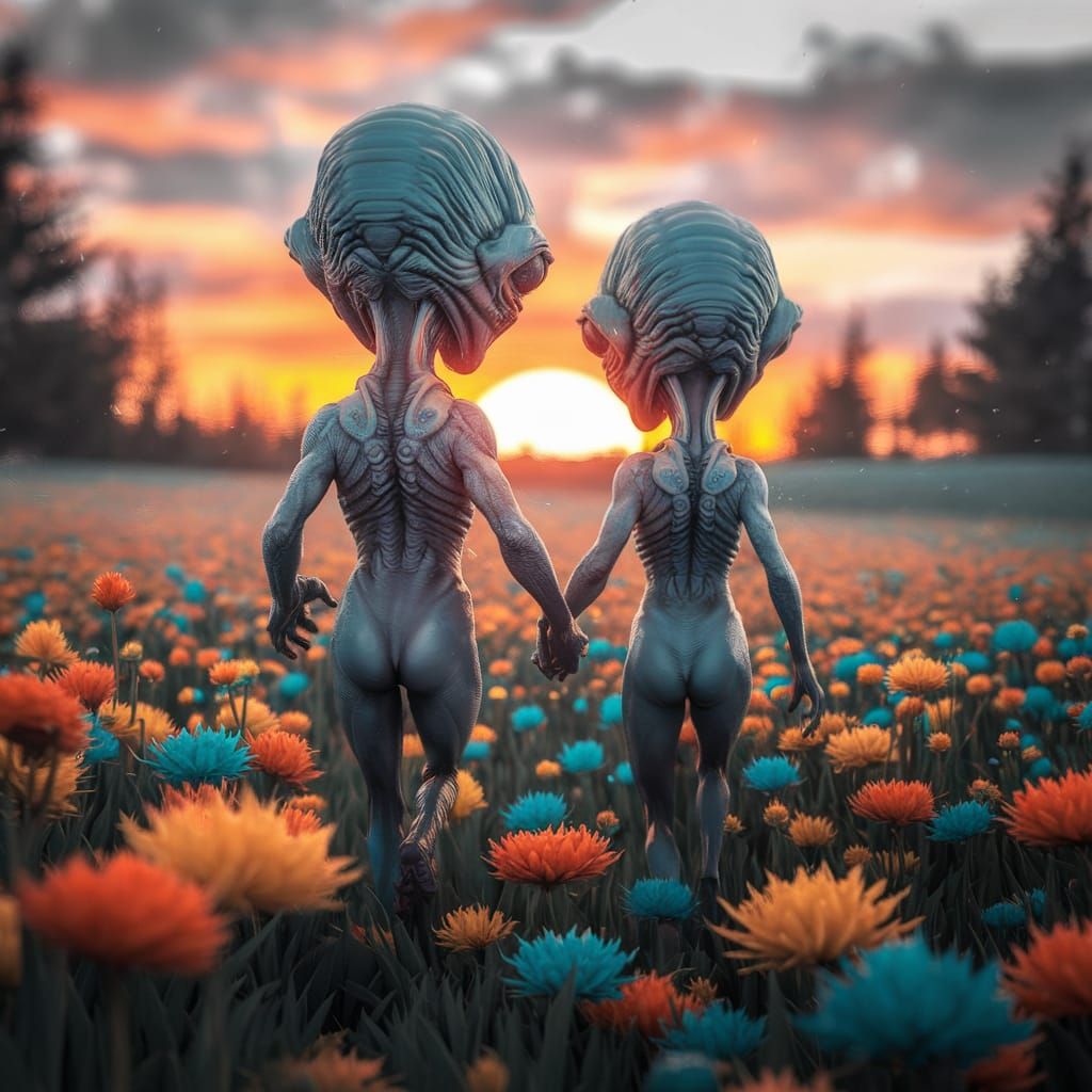 Aliens Running Through Flower Field at Sunset