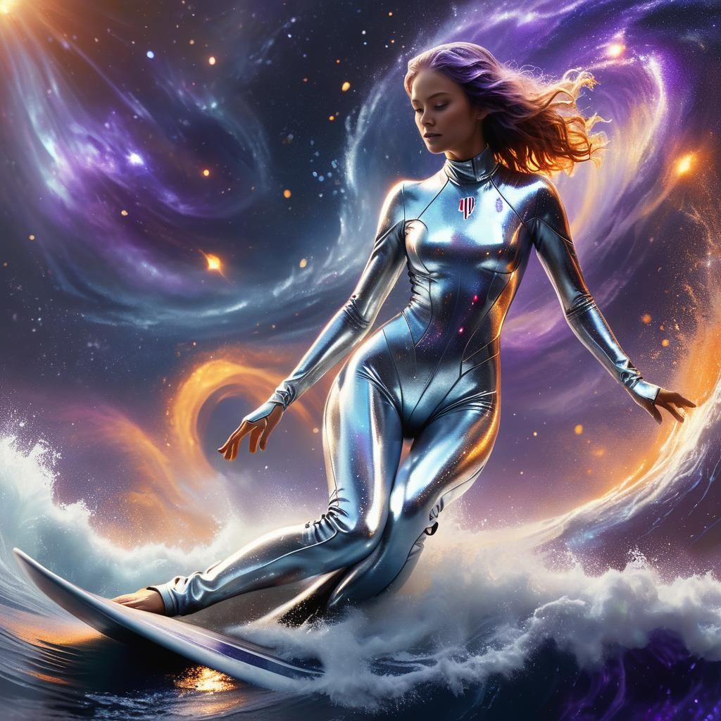 Woman Surfing Cosmic Wave in Detailed 3D Rendering