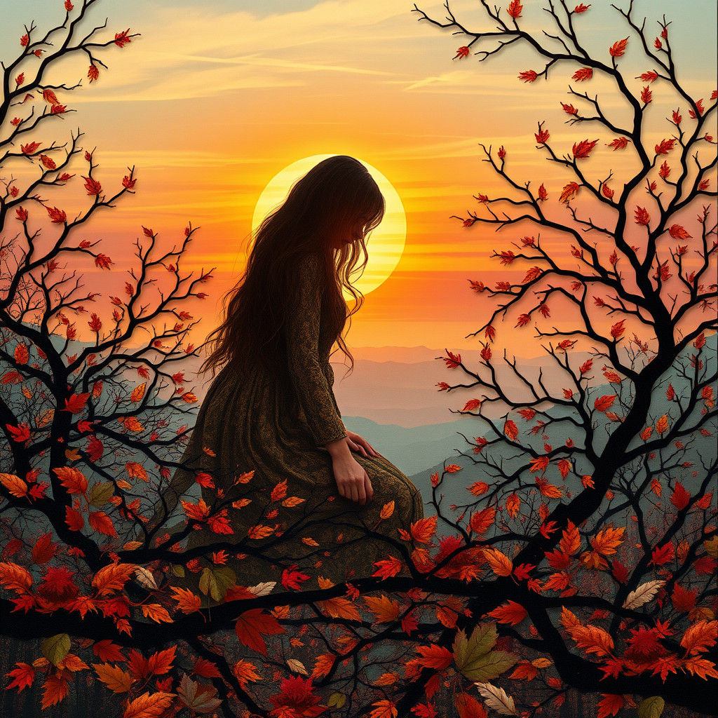 Autumn Woman Silhouette in Paper Collage Style