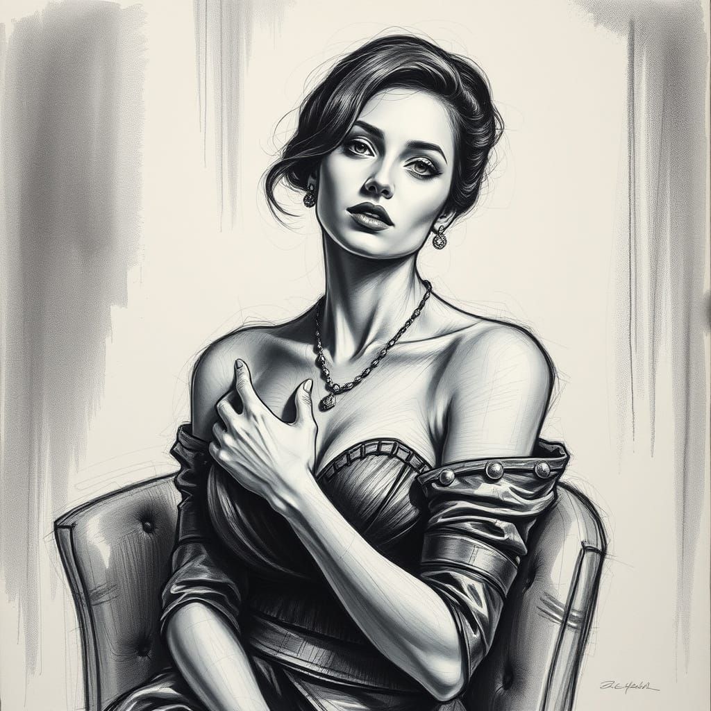 Refined Woman in Hyperdetailed Charcoal Drawing