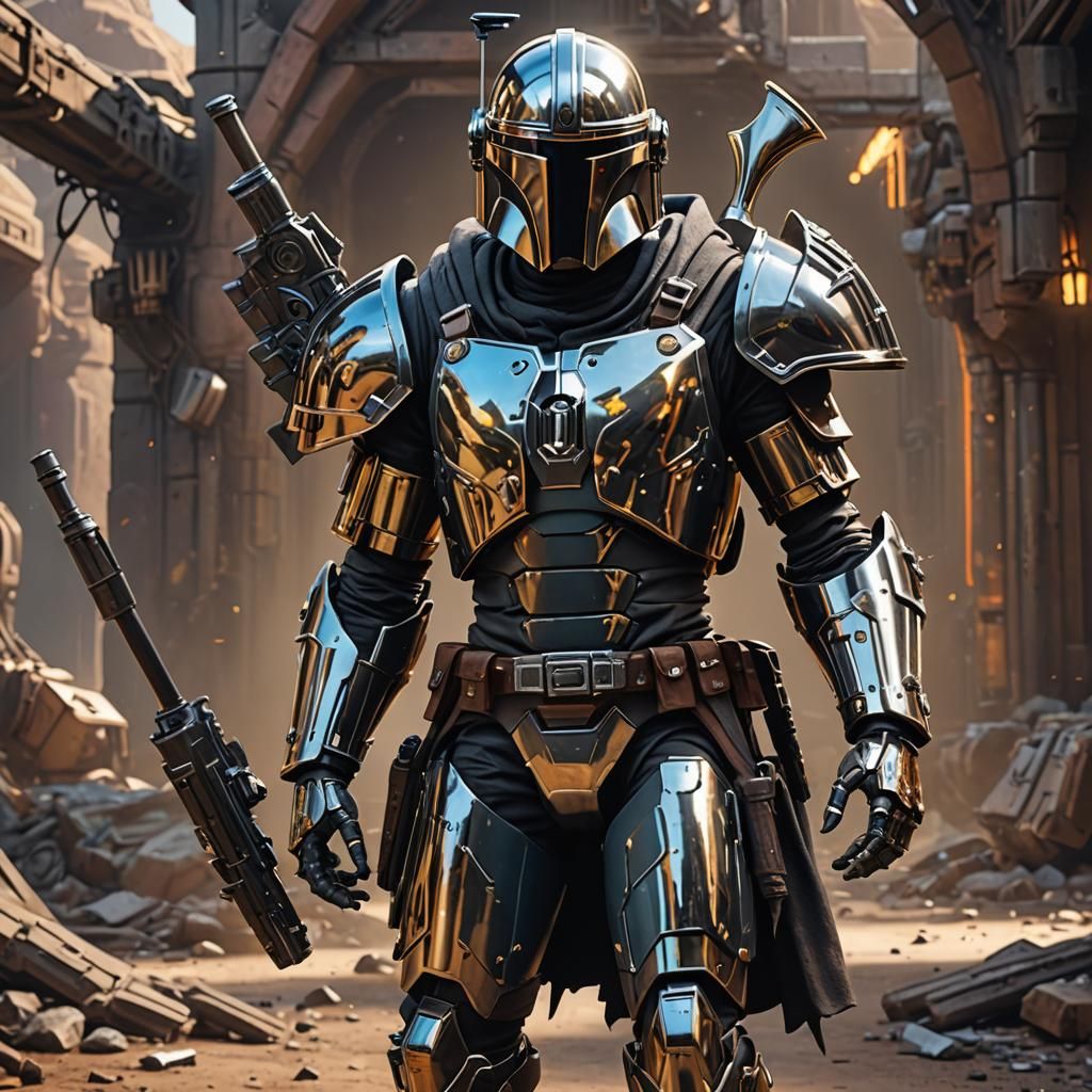 Chrome Robot Mandalorian Bounty Hunter in Armor