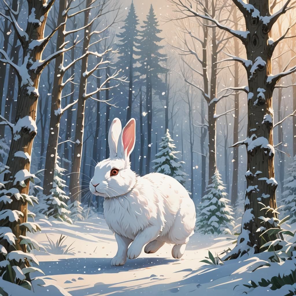 White Rabbit Hops Through Snowy Forest: Anime Style