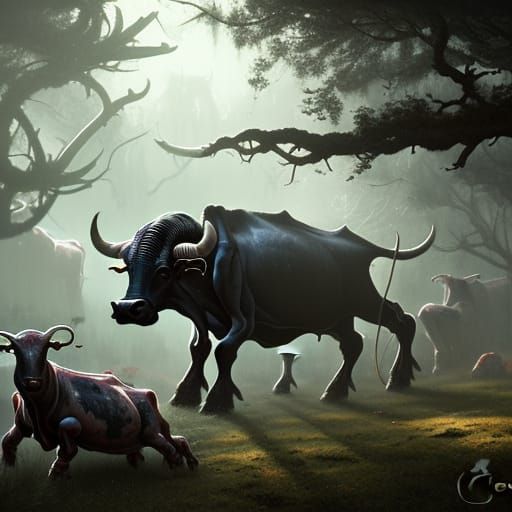 Grotesque Alien Cattle in Dark Fantasy Forest