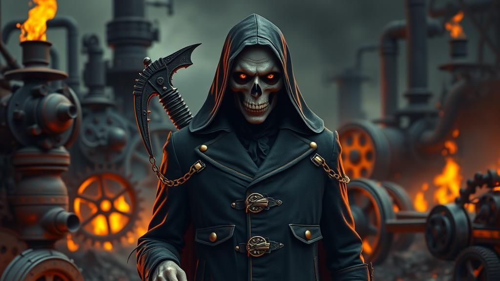 Steampunk Grim Reaper in Smoldering Landscape