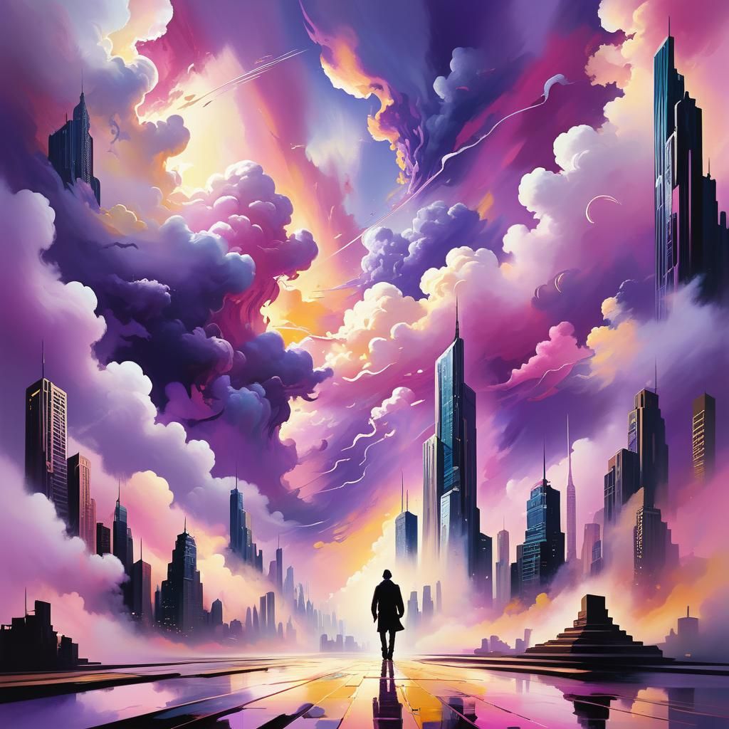 Futuristic Surrealism: Abstract Cityscape with Vibrant Color...
