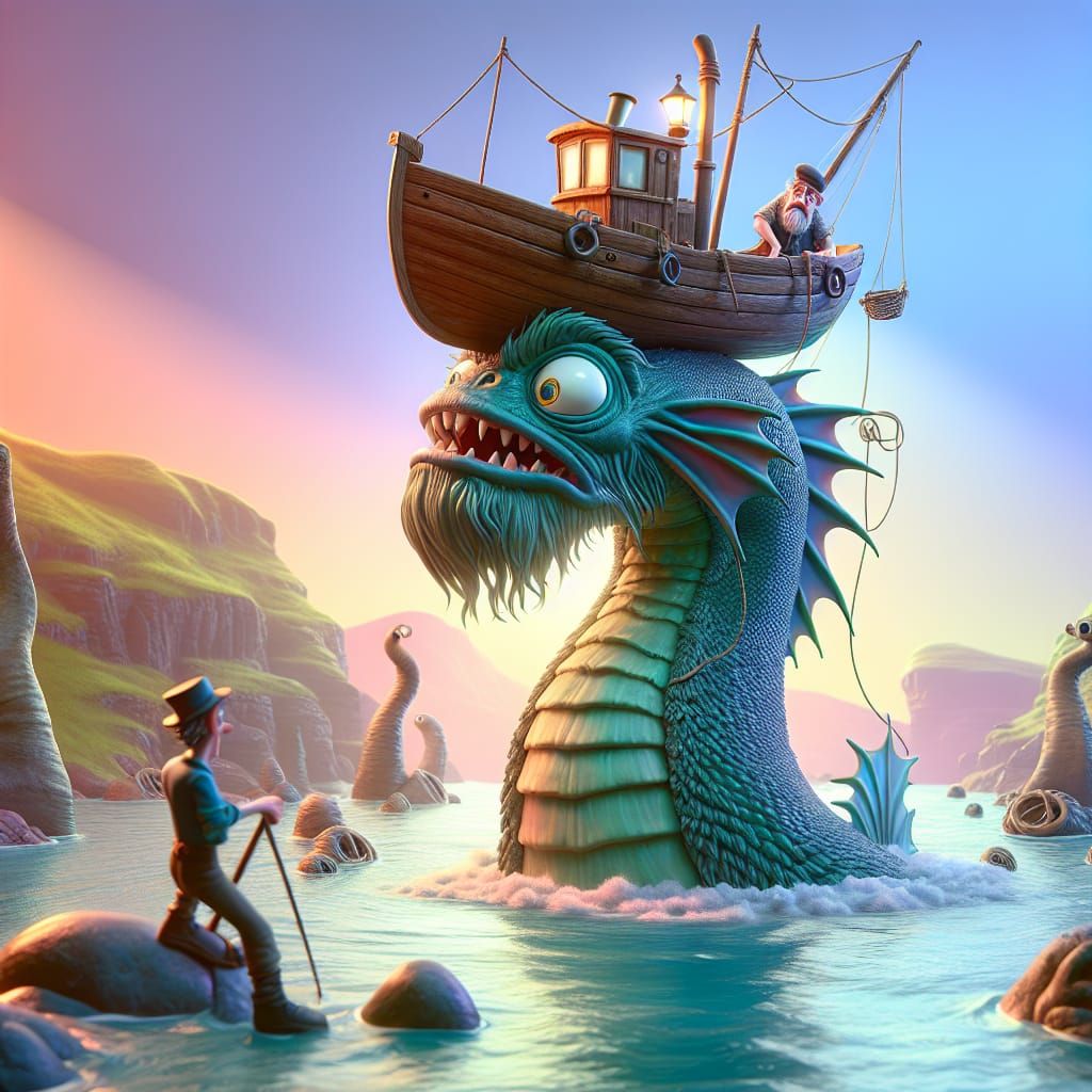 Nessie with Fishing Boat Hat: A Humorous Digital Art