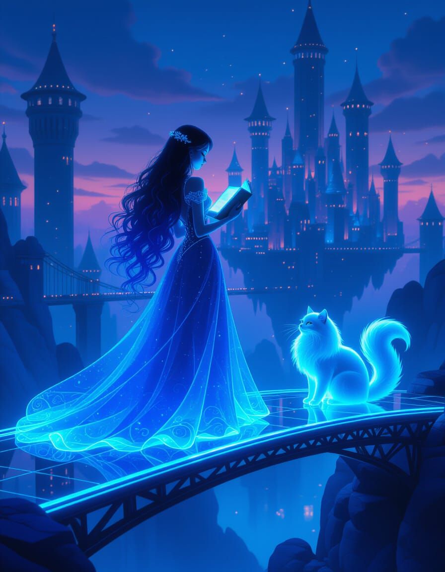 Glass Girl with Glowing Book in Floating City