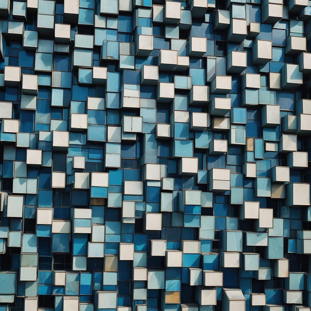 Blue Geometric Prisms Reflecting Cubist Architecture