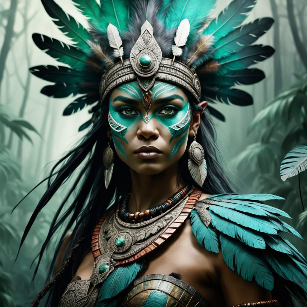 Fierce Tribal Warrior in Iridescent Headdress