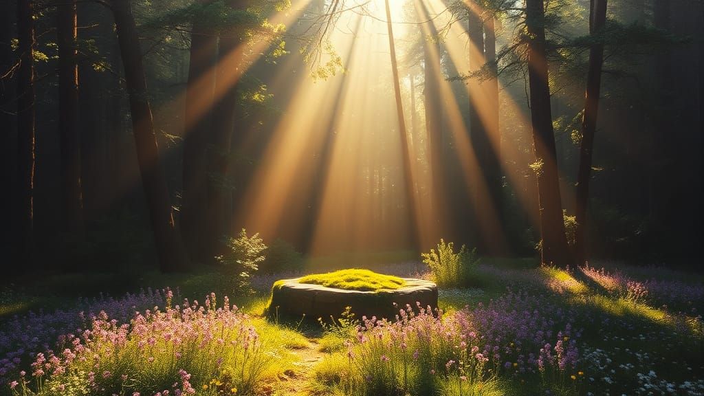 Sunlit Forest Clearing with Stone Altar