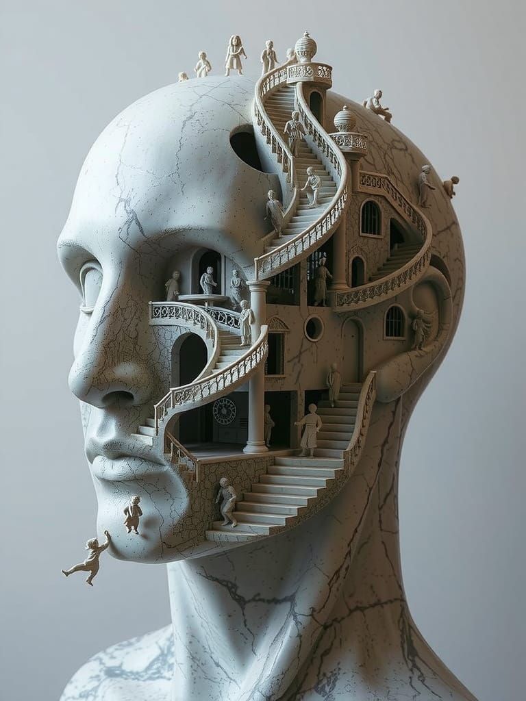 Marble Head Sculpture with Miniature Figures and Stairs