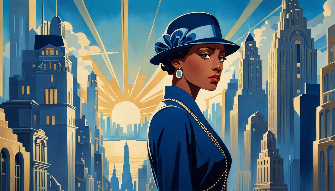 Art Deco Figure Between City and Sea