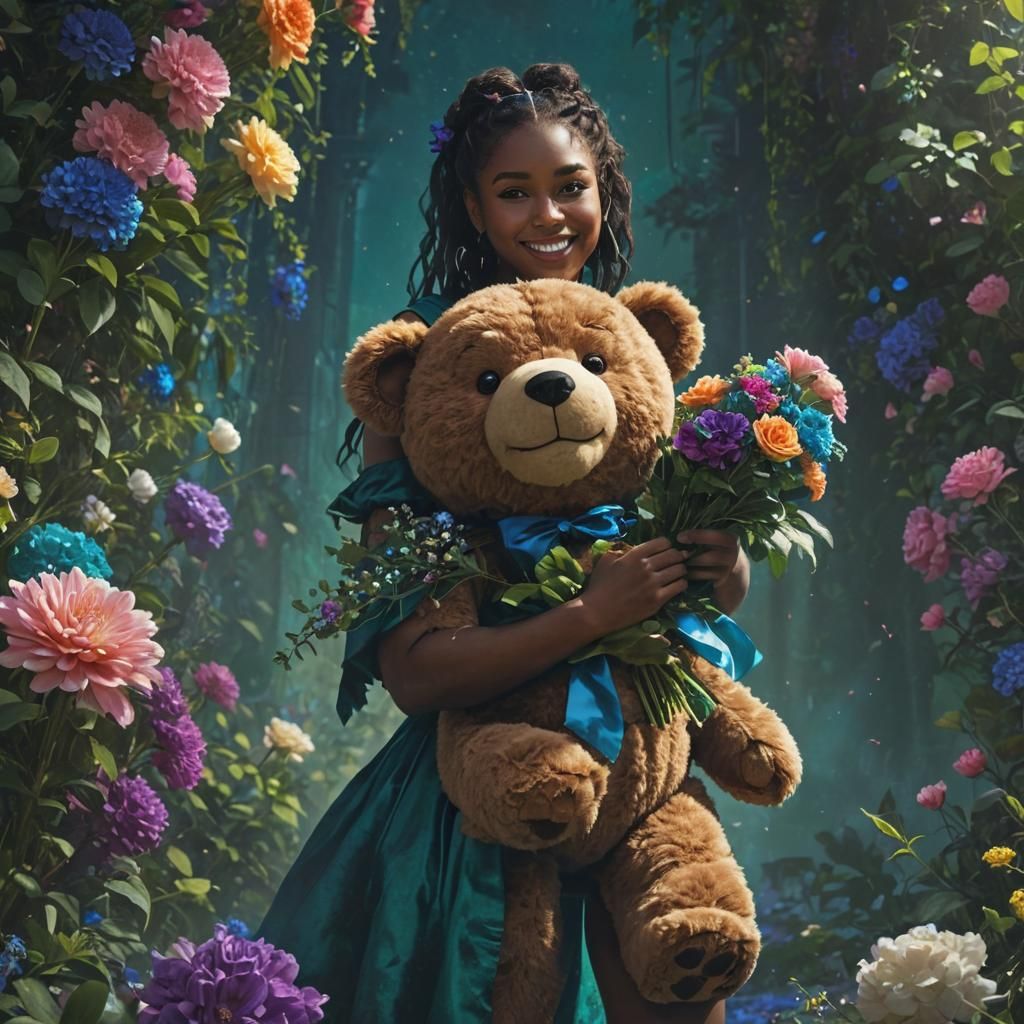 Giant Teddy Bear Gives Flowers: Fantasy Concept Art