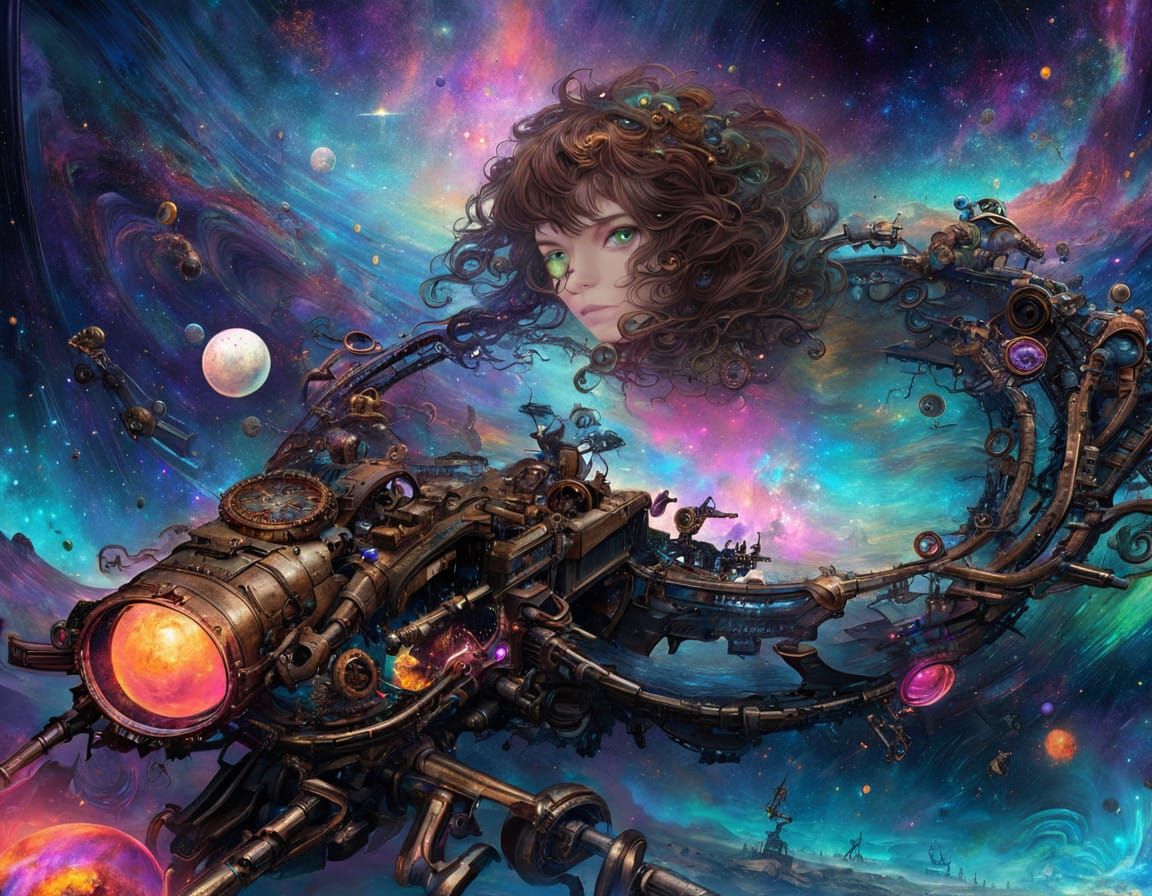 Cyberpunk Space Rider in Steampunk Hover-Bike