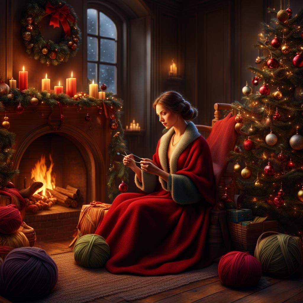Christmas Knitting Scene in Cozy Room