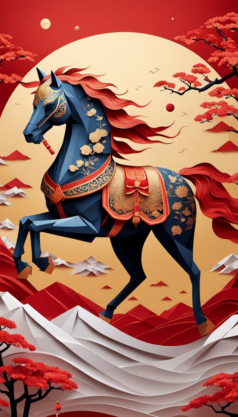 Origami Horse with Gold Patterns on Red Landscape
