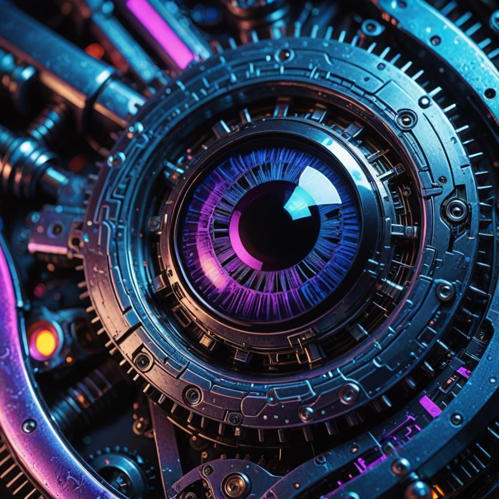 Robotic Eye in Neon Haze