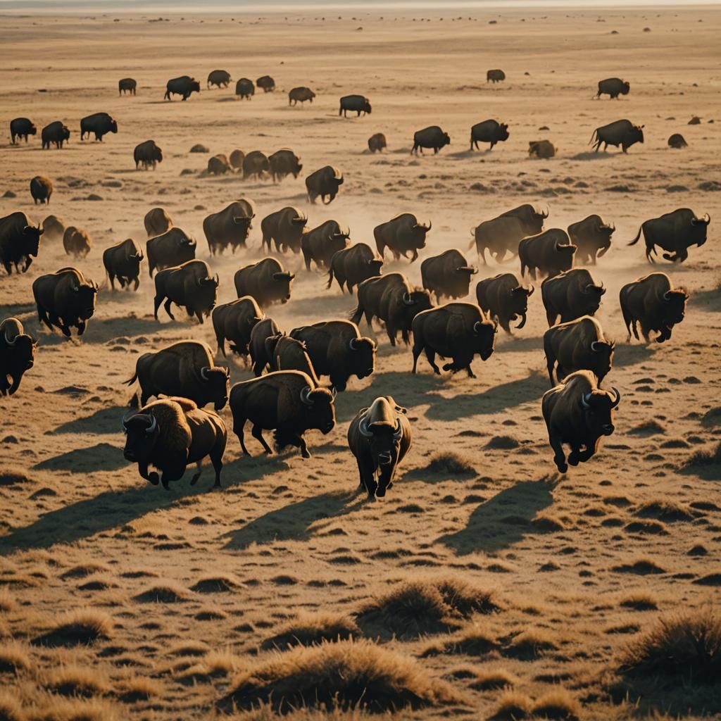 Bisons Running on Open Plain in Cinematic Style