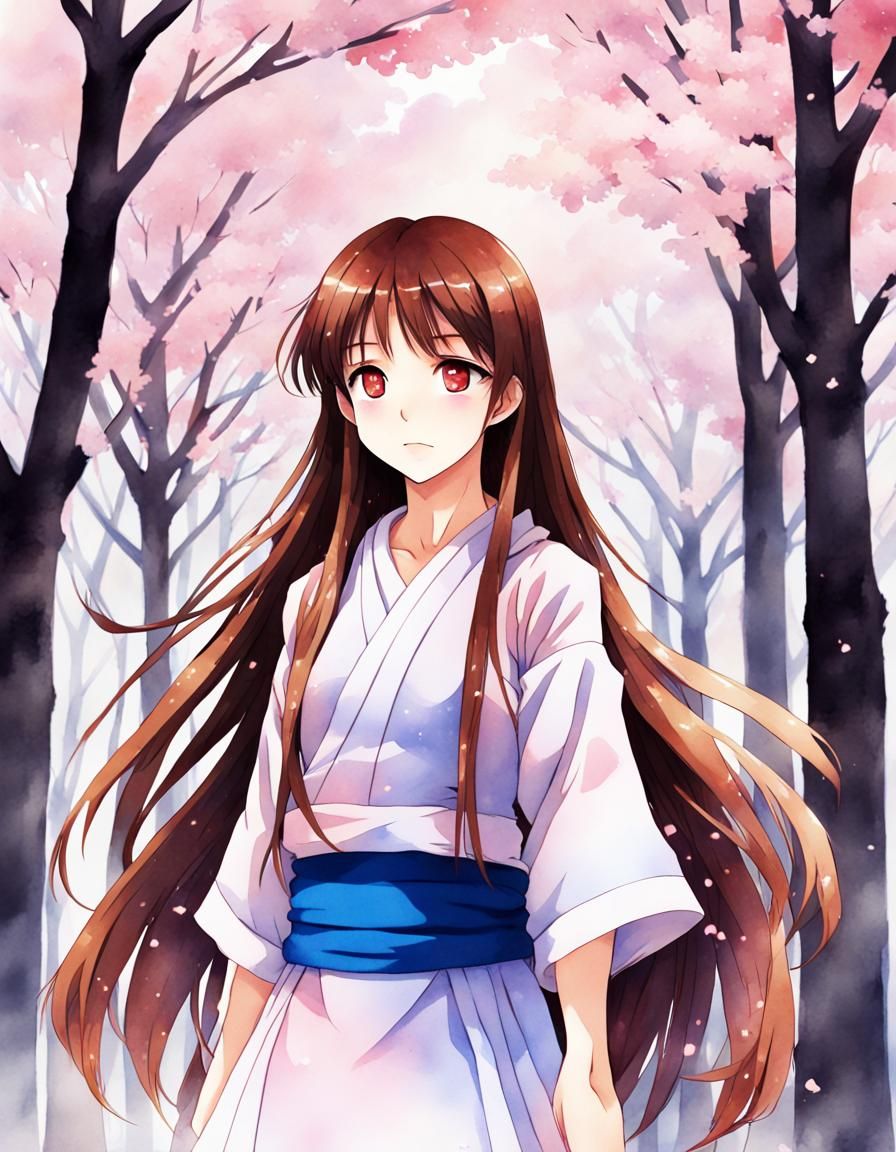 Watercolor Anime Girl Logo with Sakura Trees