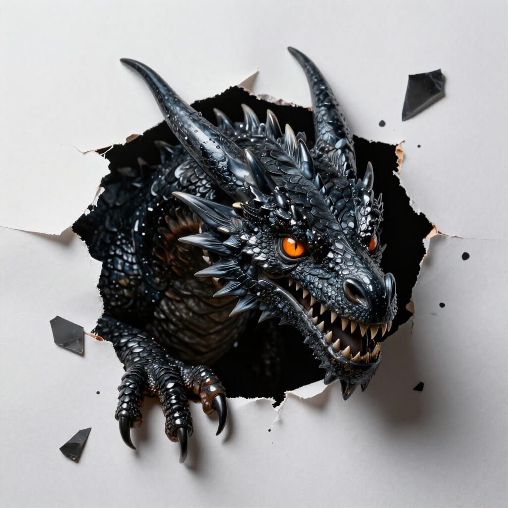 Obsidian Dragon Emerging From Torn Paper