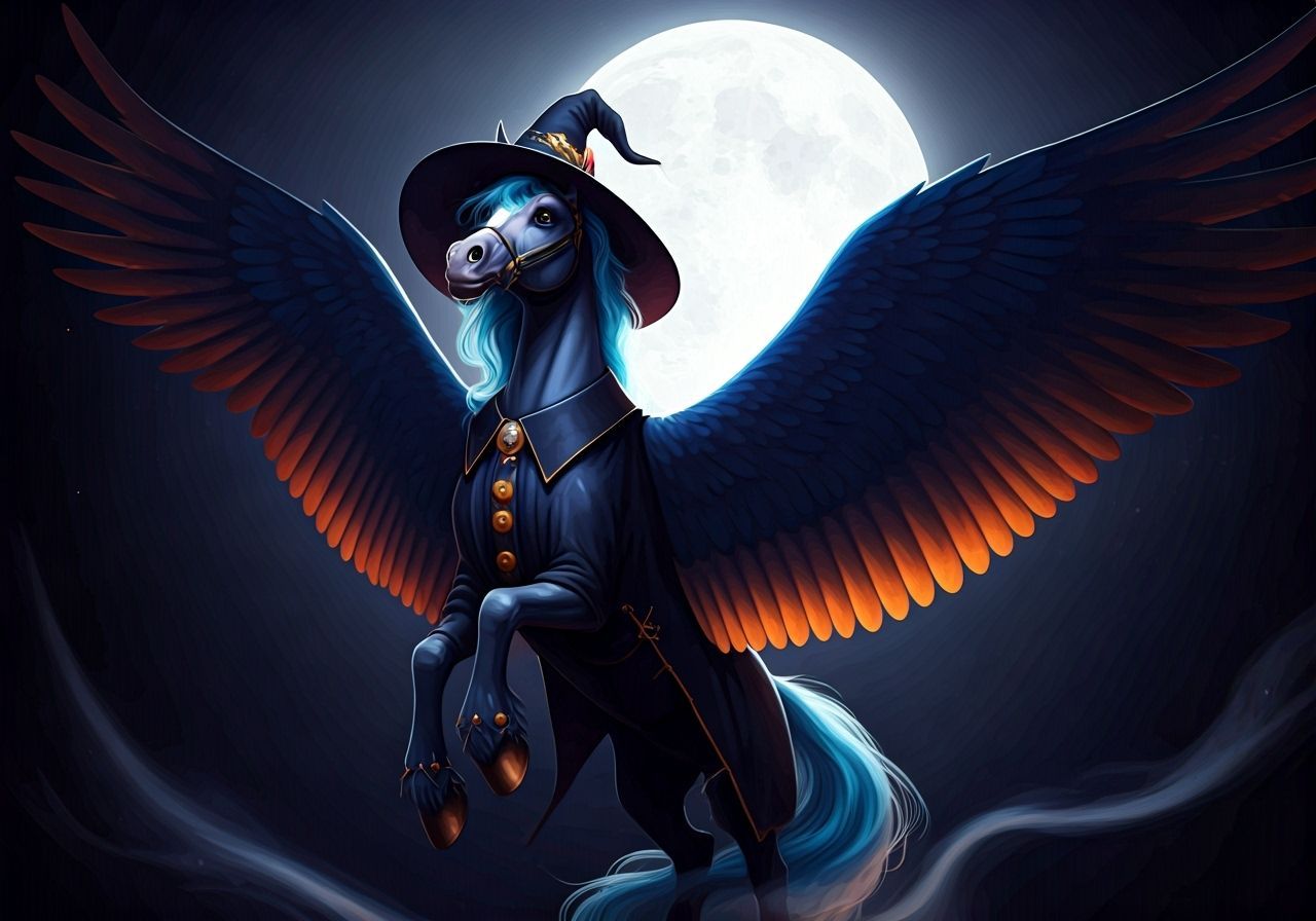 Majestic Pegasus in Witch Costume Under Luminous Moon