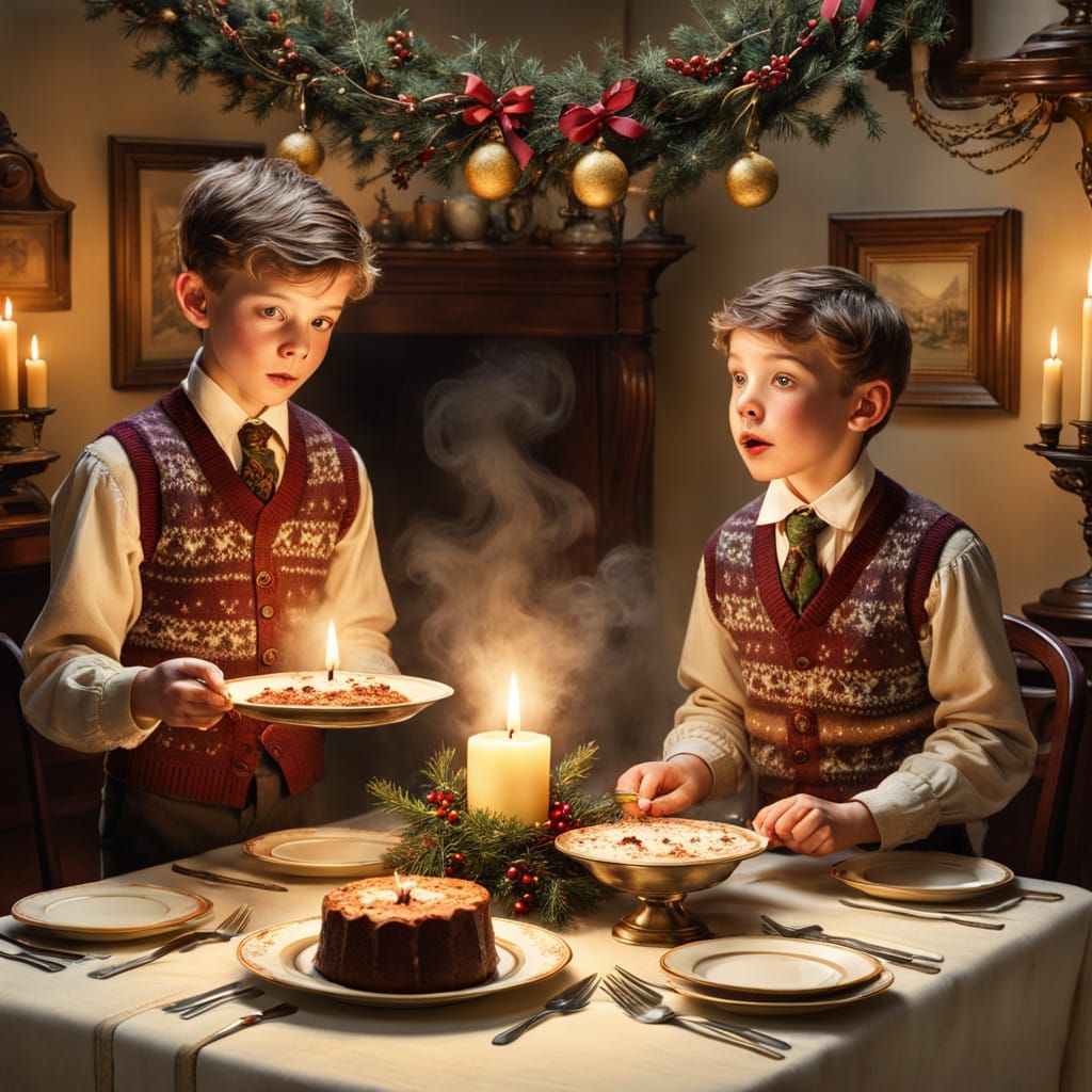 Cheeky Christmas Boys Throw Plum Pudding in Festive Food Fig...