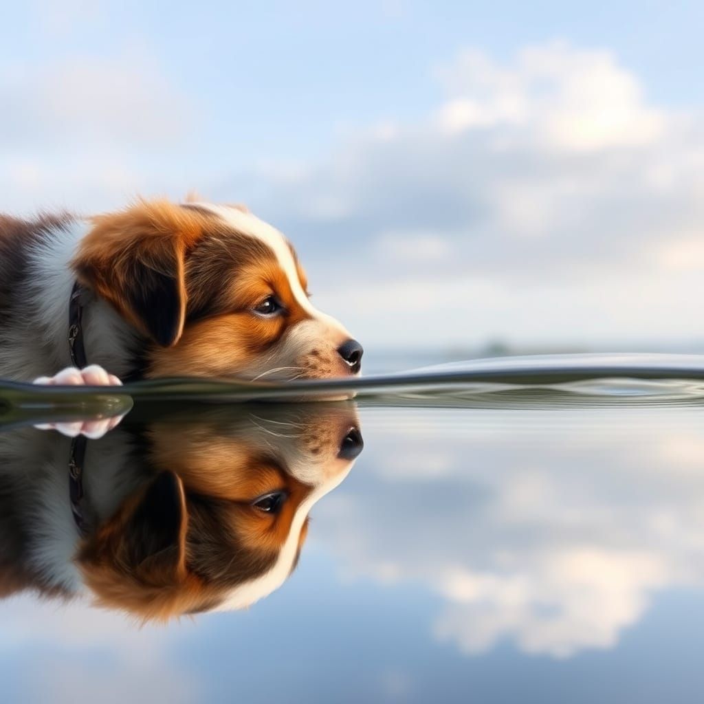 Puppy Contemplates Her Own Reflection in Water