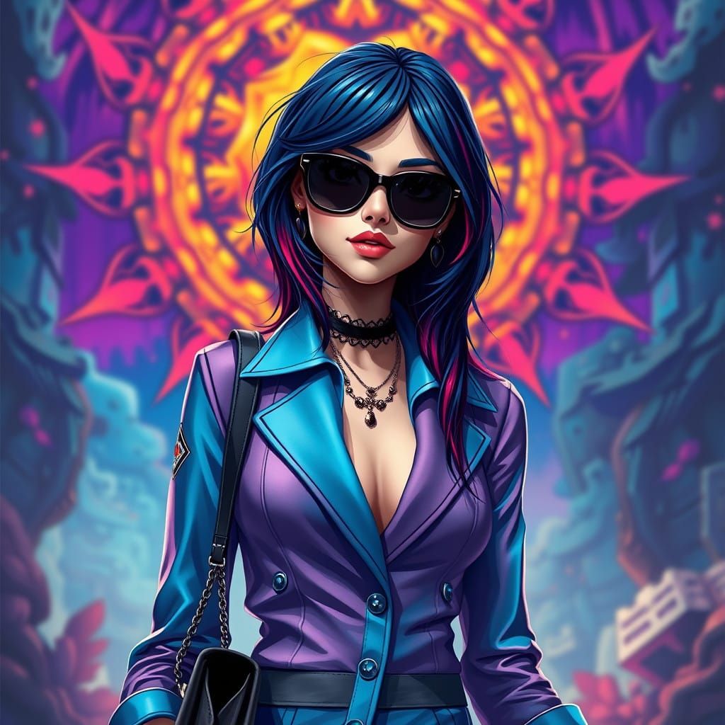 Elegant Fortnite Skin Concept with Dark Blue Hair and Vibran...