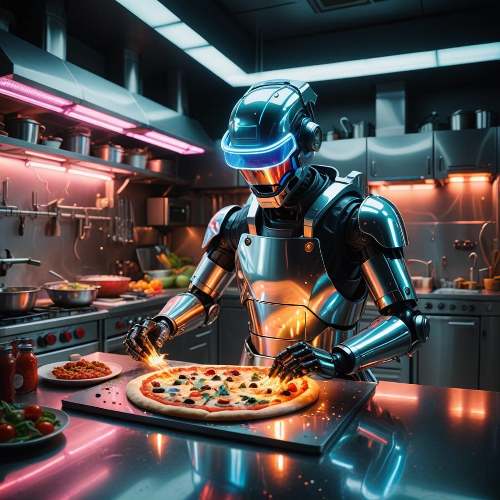Futuristic Robot Chef Assembling Neon Pizza