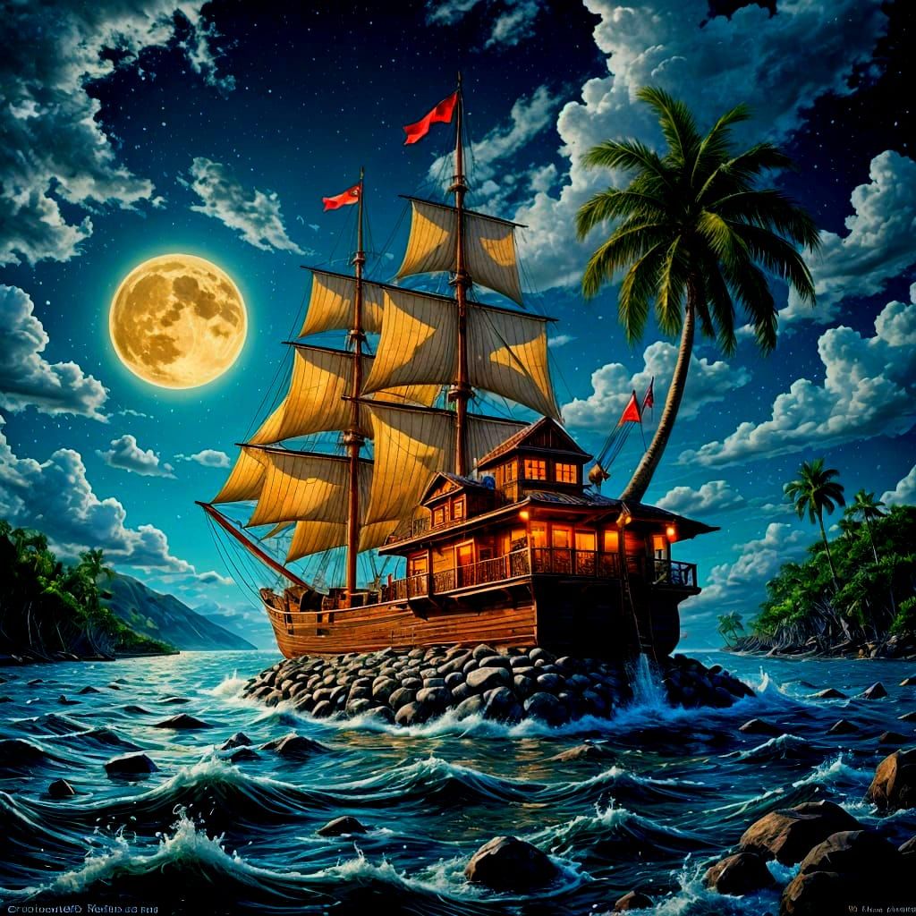 Stormy Seas: Red Ship Near Tropical Island