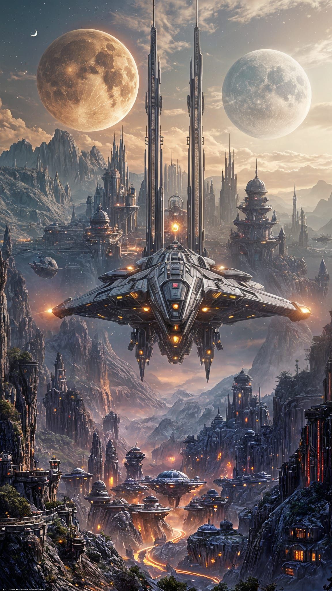 Ethereal Sci-Fi Metropolis Under Two Moons