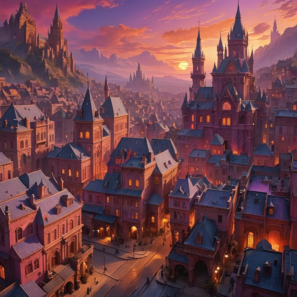 Mystical Cityscape at Sunset: Post-Impressionist Matte Paint...