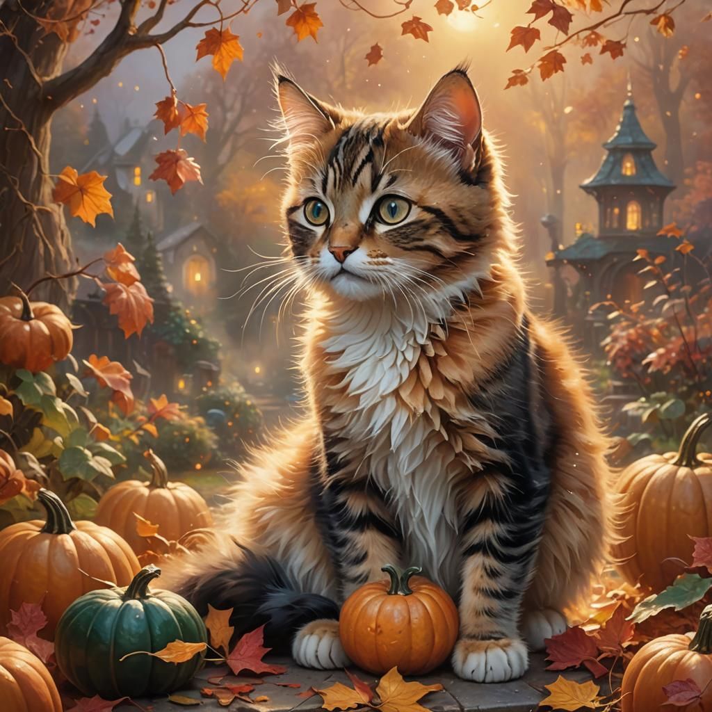 Whimsical Kitten and Mother in Pumpkin Patch