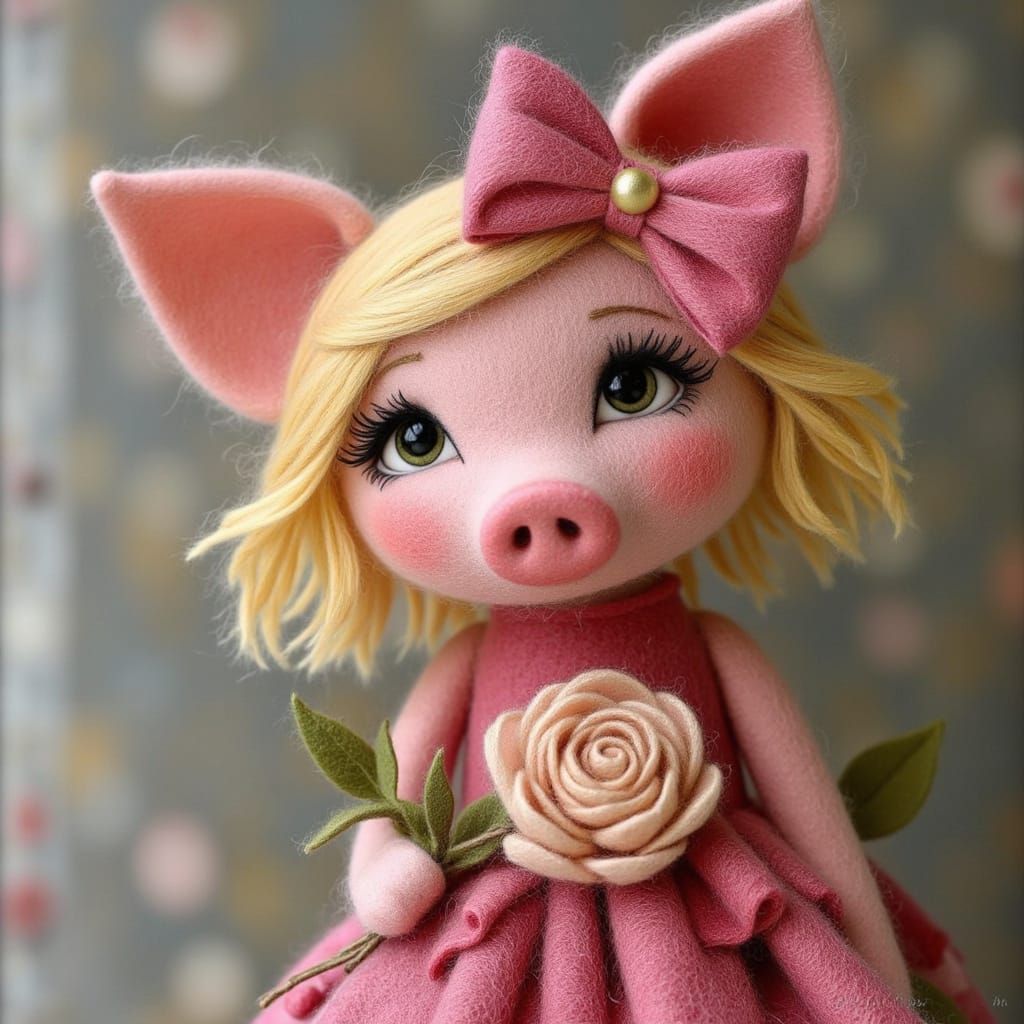 Felted Piggy Girl in Woolen World