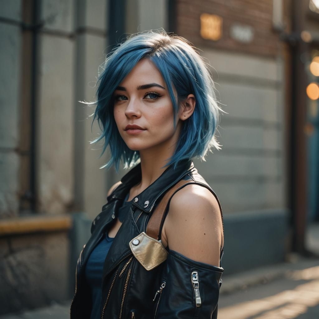 Teasing Girl with Blue Hair in Cinematic Portrait