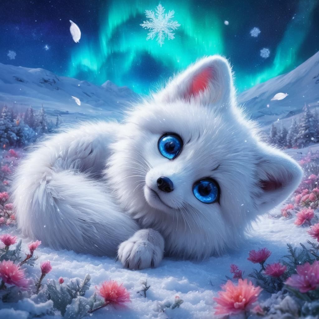 Arctic Fox in Snowy Aurora: Ultra-Realistic Digital Art